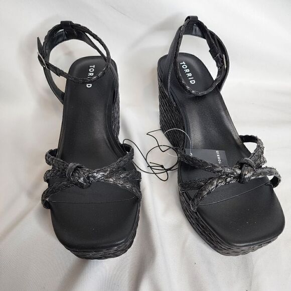 13W Torrid Black Strappy Raffia Platform 4" Wedge Espadrille Sandal Wide Width - Picture 11 of 11